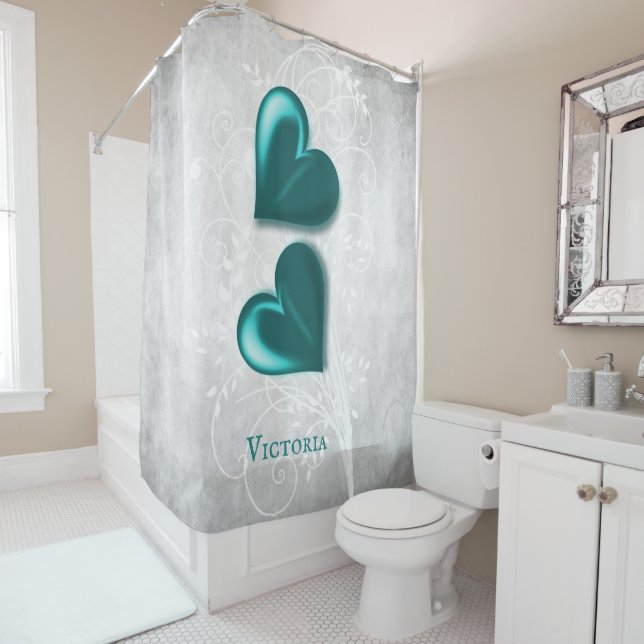 Teal Hearts Personalised Shower Curtain (In Situ)