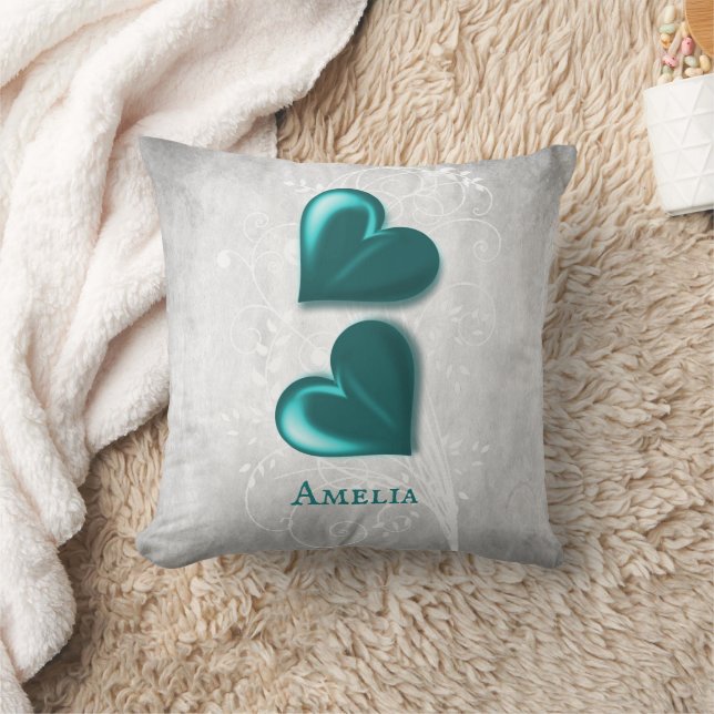 Teal Hearts Personalised Throw Pillow (Blanket)