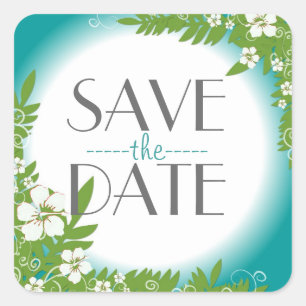 Teal hibiscus flower save the date stickers