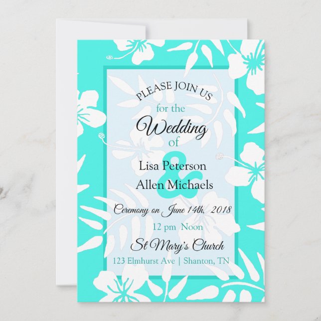 Teal Hibiscus Wedding Invitation (Front)