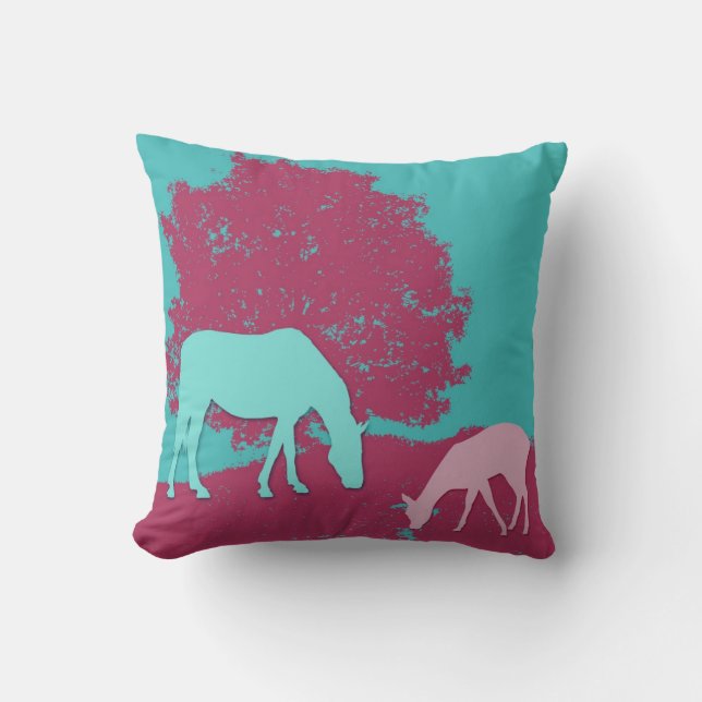 Teal Horse and Pink Deer pillow (Front)