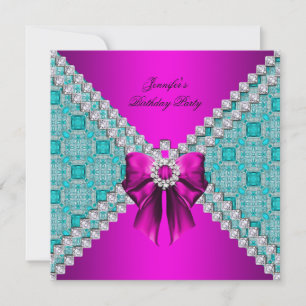 Teal Hot Pink Diamonds Elegant Birthday Party Invitation