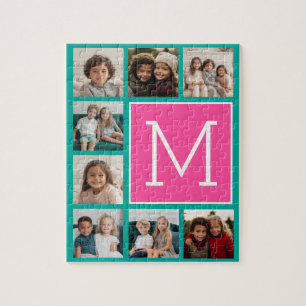 Teal & Hot Pink Instagram 8 Photo Collage Monogram Jigsaw Puzzle