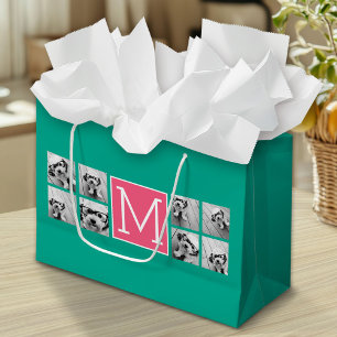 Teal & Hot Pink Instagram 8 Photo Collage Monogram Large Gift Bag