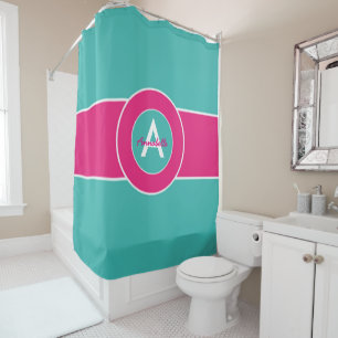 Teal Hot Pink Monogram Personalised Shower Curtain