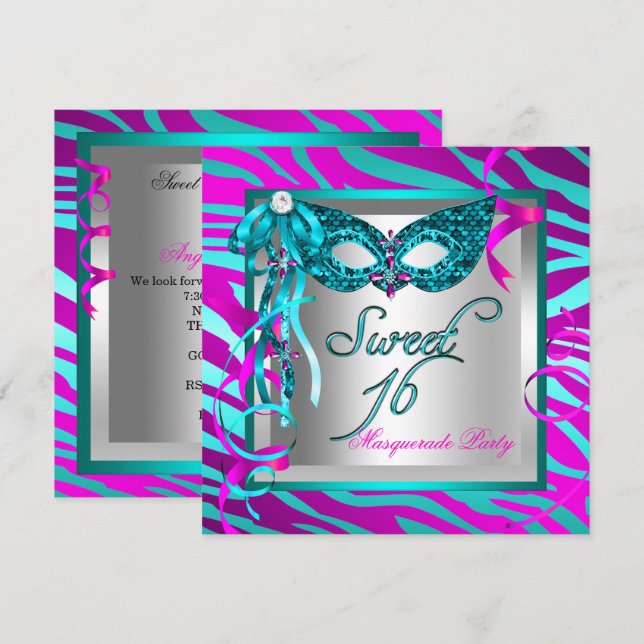 Teal Hot Pink Zebra Masquerade Sweet 16 Sixteen Invitation (Front/Back)