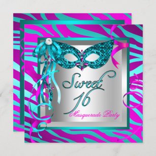 Teal Hot Pink Zebra Masquerade Sweet 16 Sixteen Invitation