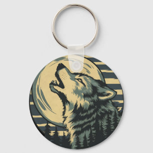 Teal Howling Wolf Moon Art Key Ring
