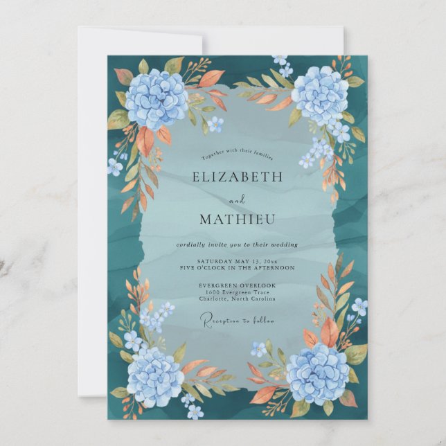 Teal Hydrangea Terracotta Eucalyptus Wedding Invitation (Front)