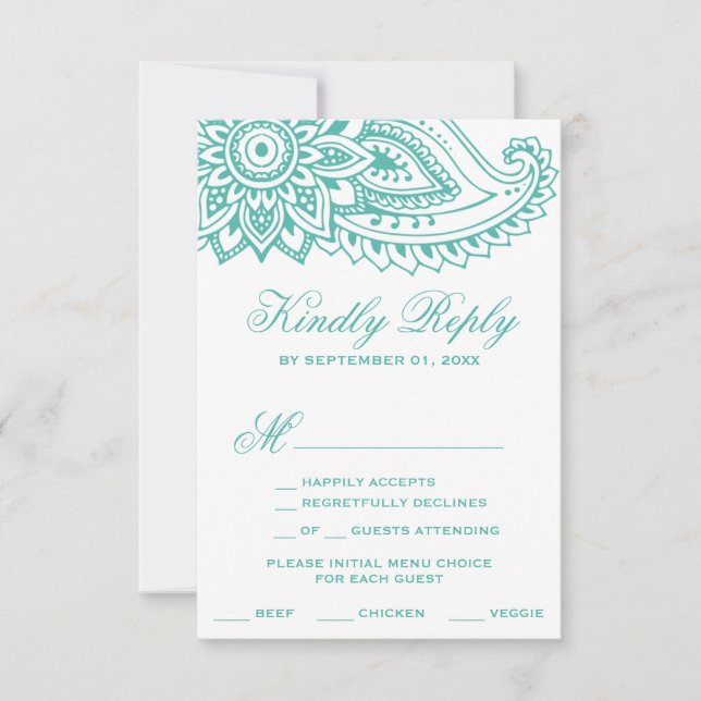 Teal Indian Paisley Menu Choice RSVP Card (Front)