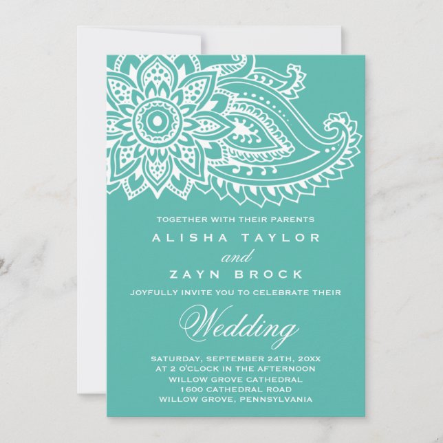 Teal Indian Paisley Wedding Invitation (Front)