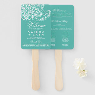 Teal Indian Paisley Wedding Program Hand Fan