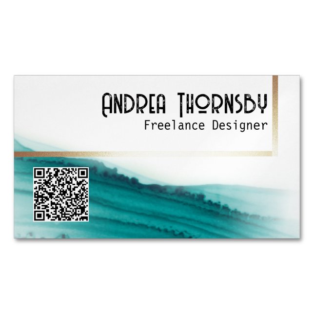 Teal Ink Modern Simple Gold QR Code Custom Magnetic Business Card (Front)