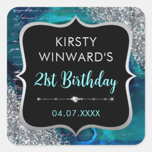 Teal Iridescent Glitter Mermaid Letters Birthday Square Sticker