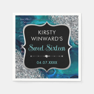 Teal Iridescent Glitter Mermaid Letters Sweet 16 Napkin