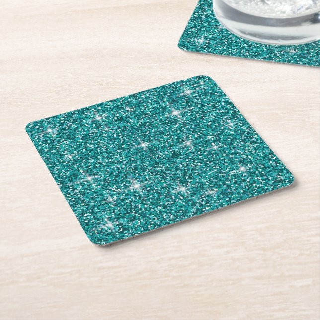 Teal iridescent glitter square paper coaster (Angled)