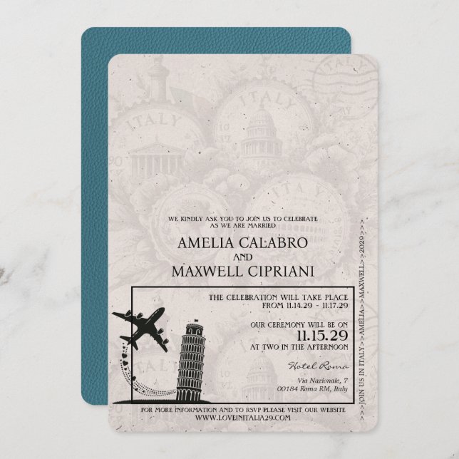 Teal Italy Passport Wedding Invitation (Front/Back)