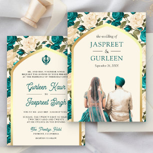 Teal Ivory Floral Punjabi Anand Karaj Sikh Wedding Invitation
