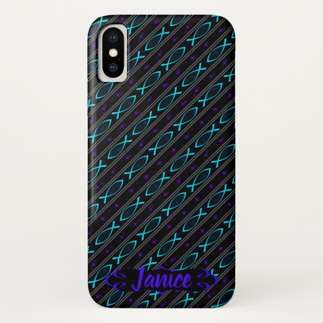 teal Jesus fish pattern Case-Mate iPhone Case (Back)