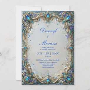 Teal Jewel Gilded Filigree Frame Wedding Invitation