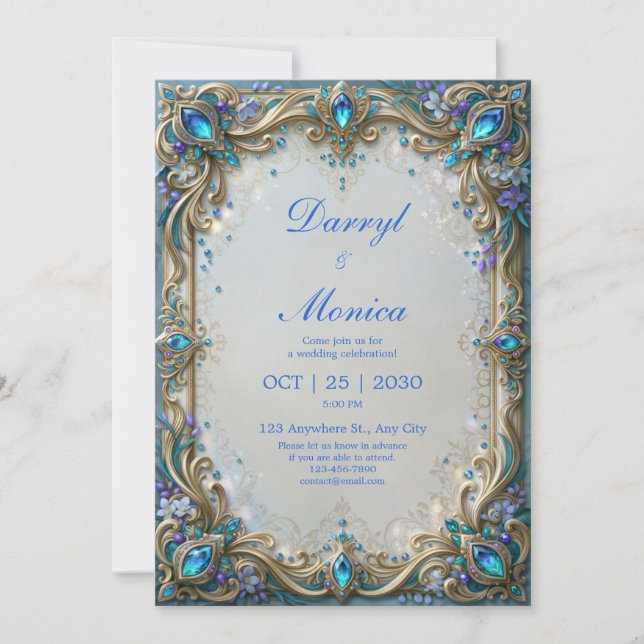 Teal Jewel Gilded Filigree Frame Wedding Invitation (Front)