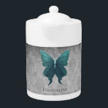 Teal Jewelled Butterfly<br><div class="desc">Enjoy your tea with a Jewelled Butterfly Personalised Teapot.  Teapot design features a vibrant jewelled butterfly against an elegant vintage grey damask pattern. Additional gift items available with this design as well as a variety of colours.</div>