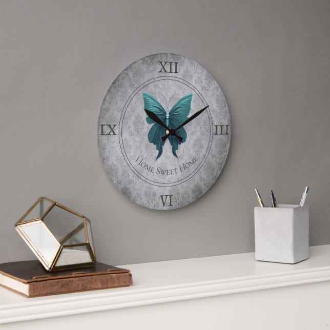 Teal Jewelled Butterfly Large Clock (Office)
