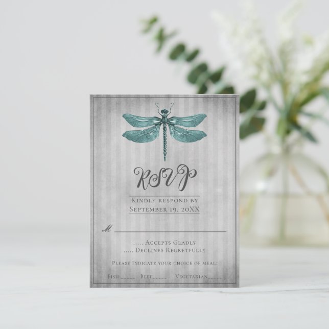Teal Jewelled Dragonfly Wedding RSVP (Standing Front)