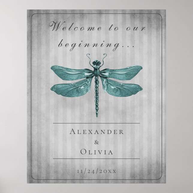 Teal Jewelled Dragonfly Wedding Welcome Poster (Front)