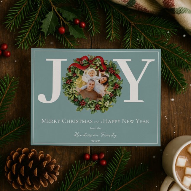 Teal Joy Christmas Wreath Photo Holiday Card (Teal Joy Christmas Wreath Photo Holiday Card)
