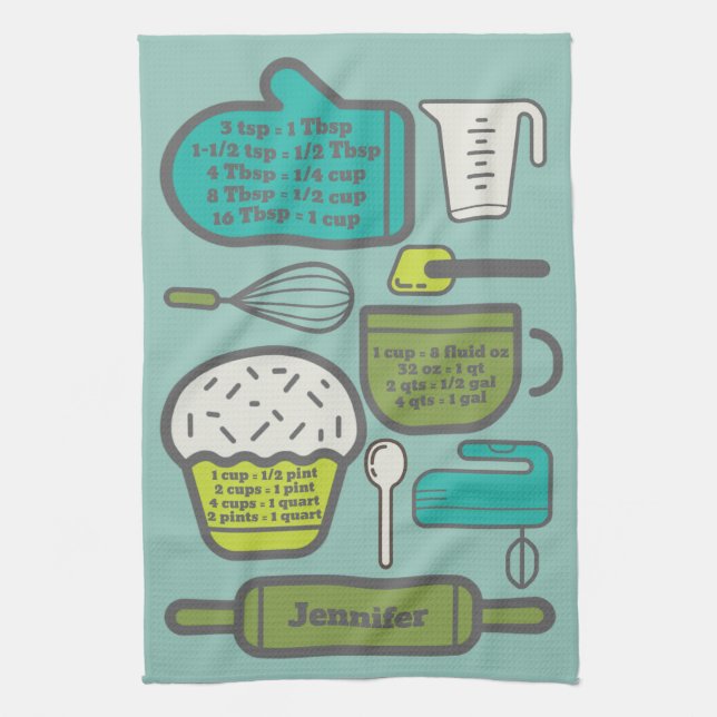 Teal Kitchen Recipe Conversions Personalised Tea Towel (Vertical)