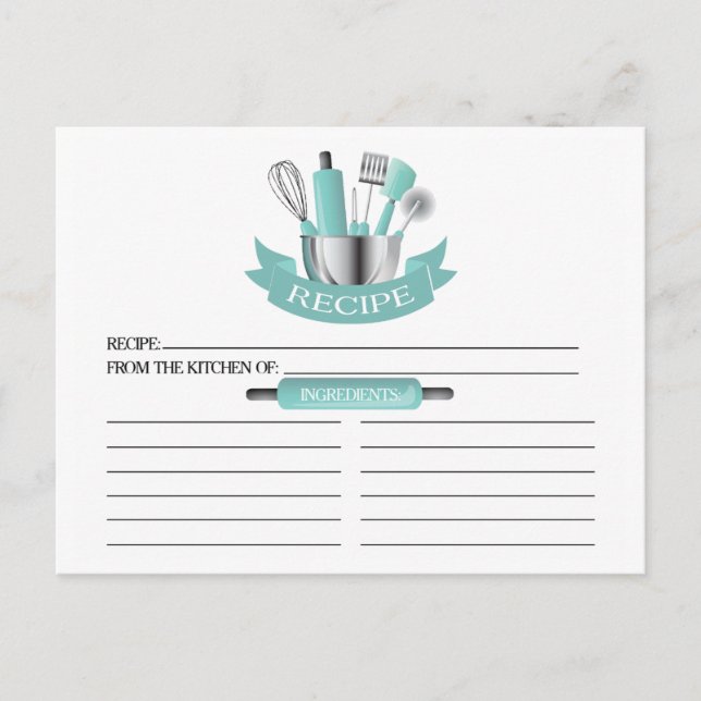 Teal Kitchen Tools Bridal Shower Recipe Cards (Front)