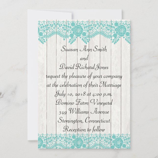 Teal Lace and Wood Rustic Wedding Invitation (Front)