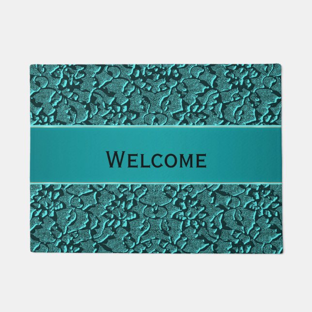 Teal Lace Brocade Look Welcome Mat (Front)