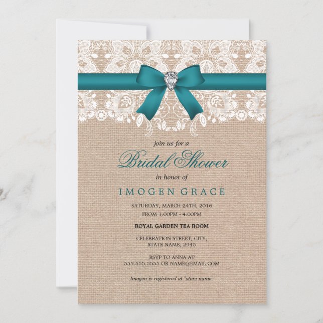 Teal Lace & Burlap Bridal Shower Invitation (Front)