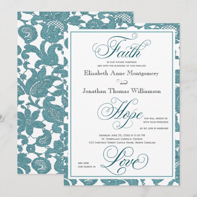 Teal Lace Christian Wedding Invitation (Front/Back)
