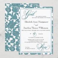 Teal Lace God is Love Christian Wedding Invitation