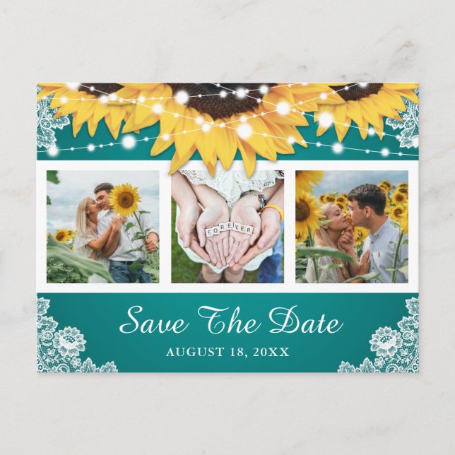 Teal Lace Sunflower Wedding Photo Save The Date Announcement Postcard (Front)