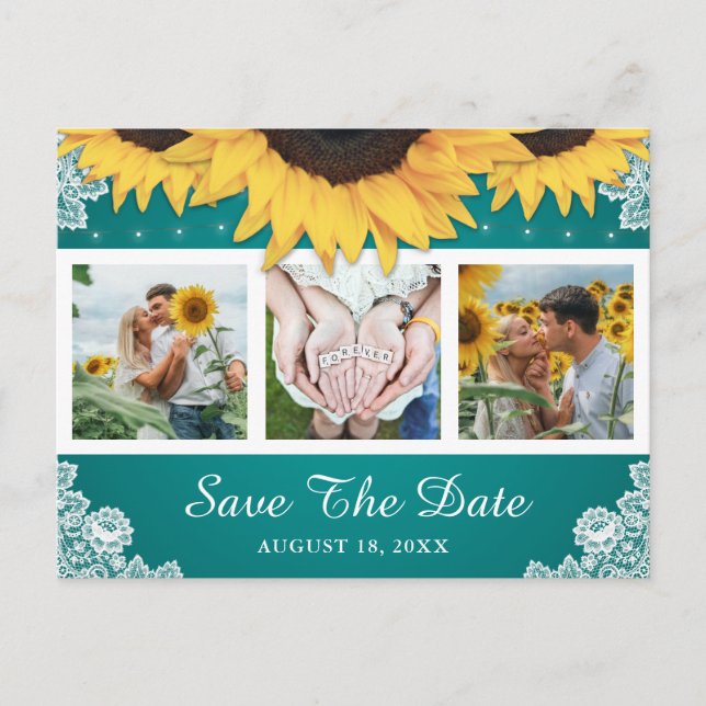 Teal Lace Sunflower Wedding Photo Save The Date Announcement Postcard (Front)