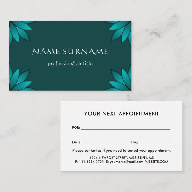 Teal Leaf Mandala Design on Dark Cyan Appointment Card (Front/Back)