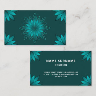 Teal Leaf Mandala Design on Dark Cyan Business Card