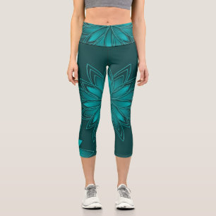 Teal Leaf Mandala Design on Dark Cyan Capri Leggings