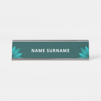Teal Leaf Mandala Design on Dark Cyan Desk Name Plate