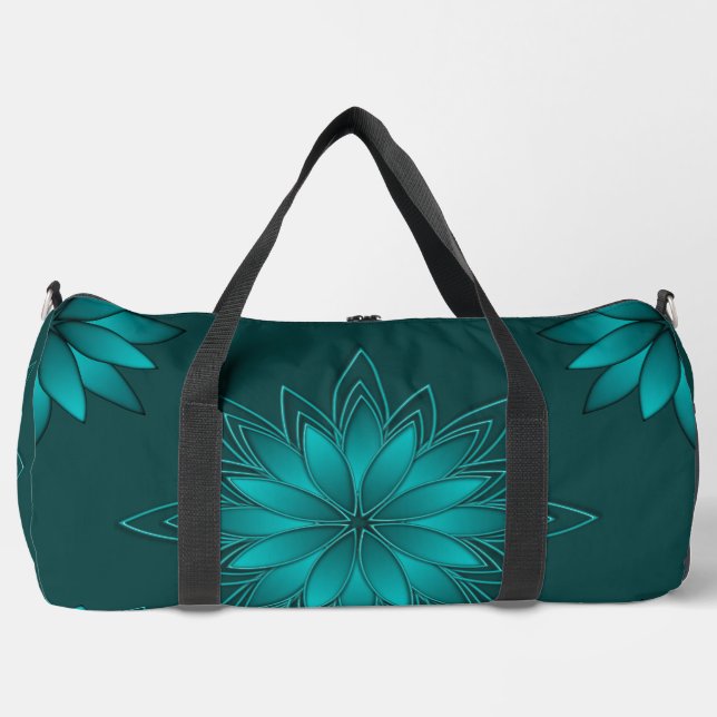 Teal Leaf Mandala Design on Dark Cyan Duffle Bag (Front)