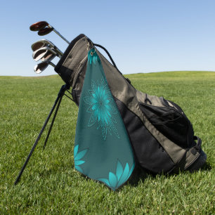 Teal Leaf Mandala Design on Dark Cyan Golf Towel