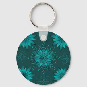Teal Leaf Mandala Design on Dark Cyan Key Ring