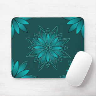 Teal Leaf Mandala Design on Dark Cyan Mouse Pad