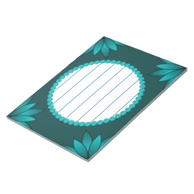 Teal Leaf Mandala Design on Dark Cyan Notepad (Angled)