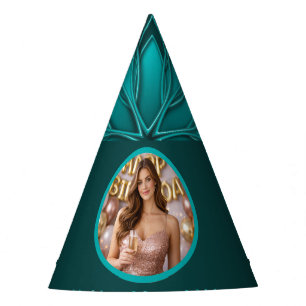 Teal Leaf Mandala Design on Dark Cyan Party Hat
