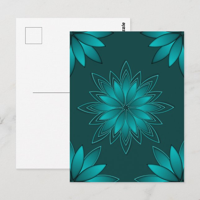 Teal Leaf Mandala Design on Dark Cyan Postcard (Front/Back)